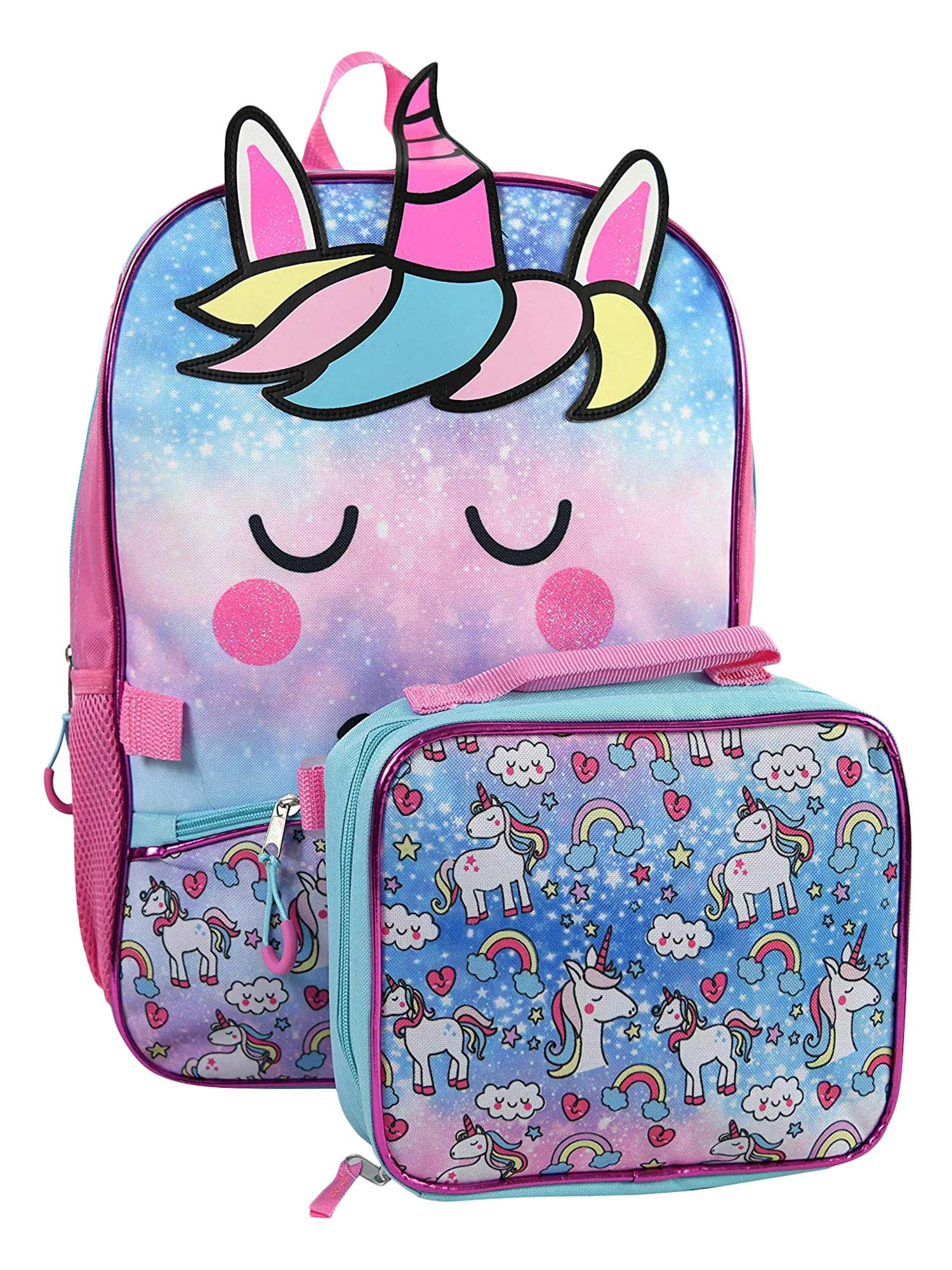 Girls Unicorn 16/" Backpack with Detachable Insulated Lunch Bag Pink Blue