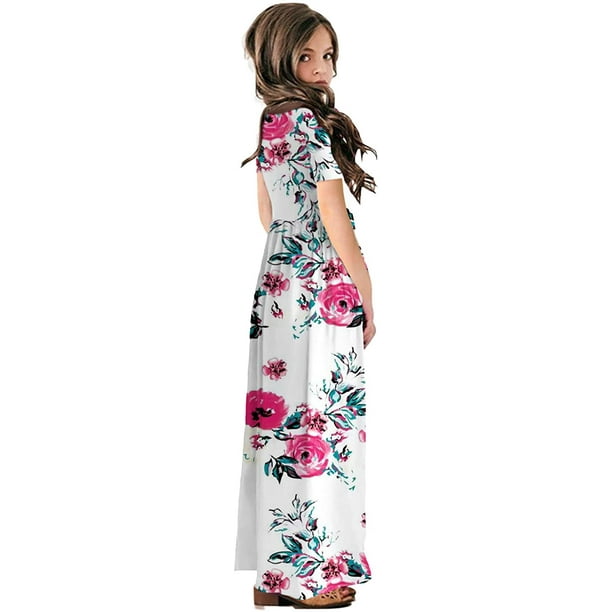 storeofbaby Ninas Casual Maxi Vestido Floral Manga Corta Bolsillos Festivos Vestidos para 5 13 Anos Xemadio CJWUS 4466 Bodega Aurrera en linea