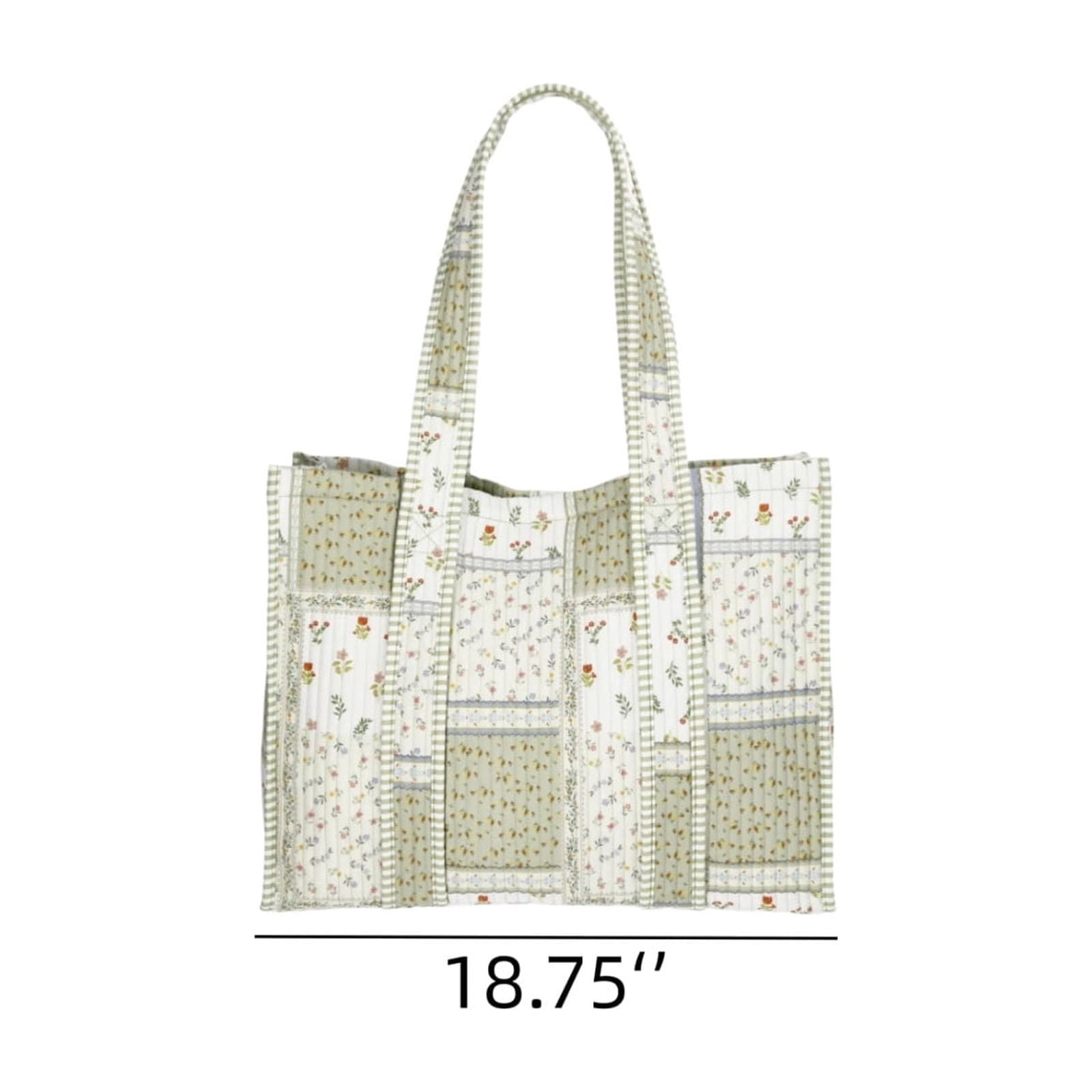 Gumesh Quilted Patchwork Tote Bag for Women, Light Green Gingham & Floral Print, Large Capacity Shoulder Bag for Work, Shopping, Beach, Travel