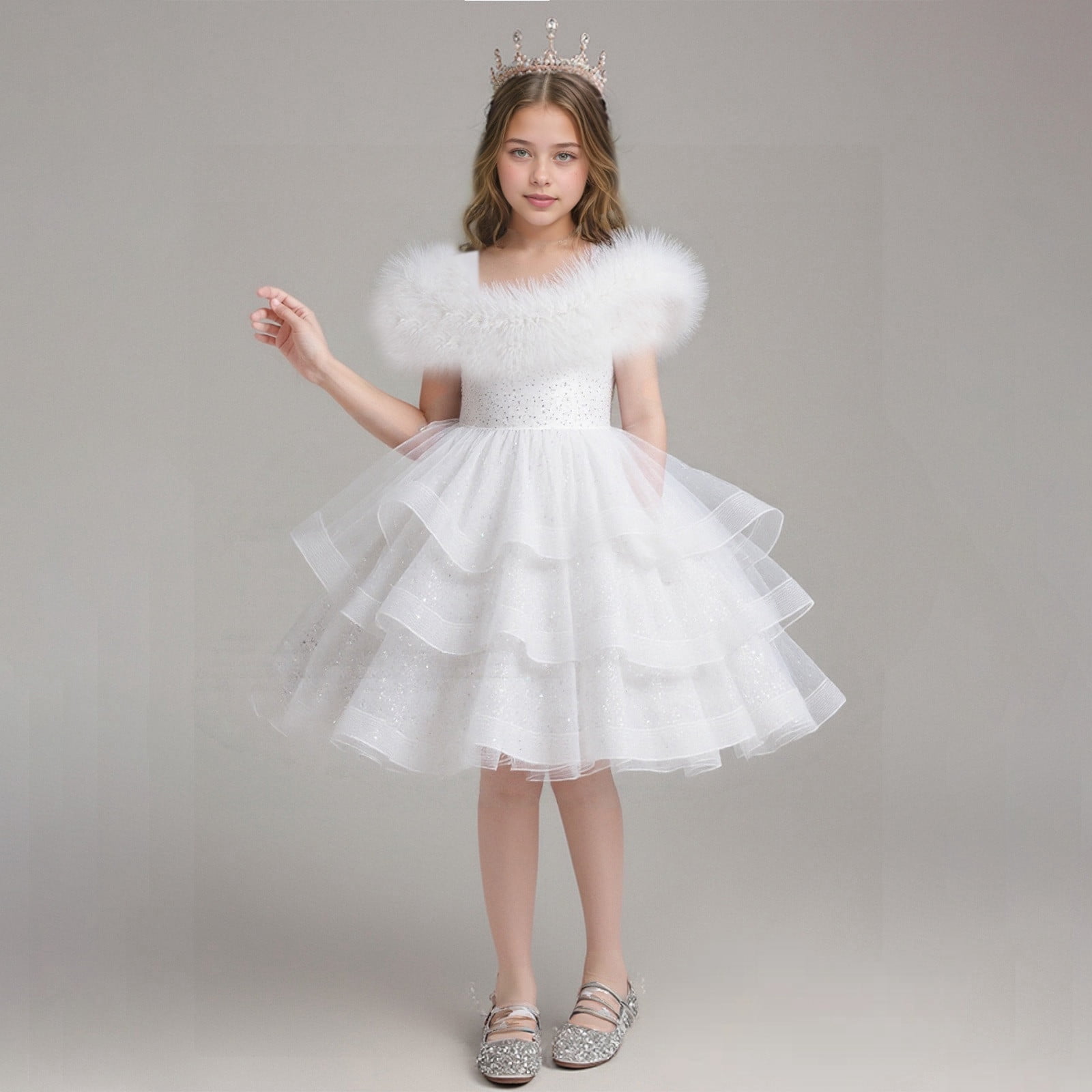 Wdgfv Girls Dress High End Formal Gown Elegant Party Attire Puffy Performance Outfit Details Comfortable Fit For Kids White F