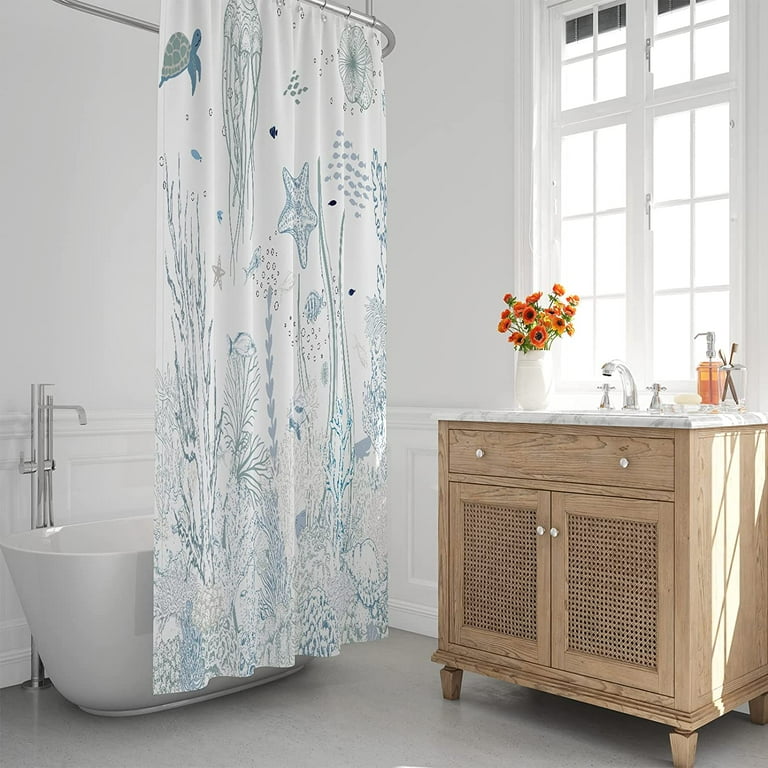 Extra Long 72x84 Nautical Coastal Shower Curtain Set with Hooks,Starfish  Seashell Coral Beach Bathroom Curtain,Waterproof Washable Fabric for