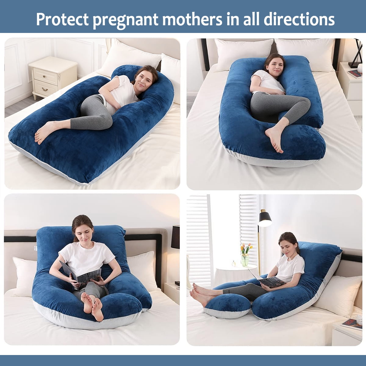 Supportive Ergonomic J-Shape Polyester Maternity Pillow for Multi-Position Sleeper, Blue-Gray