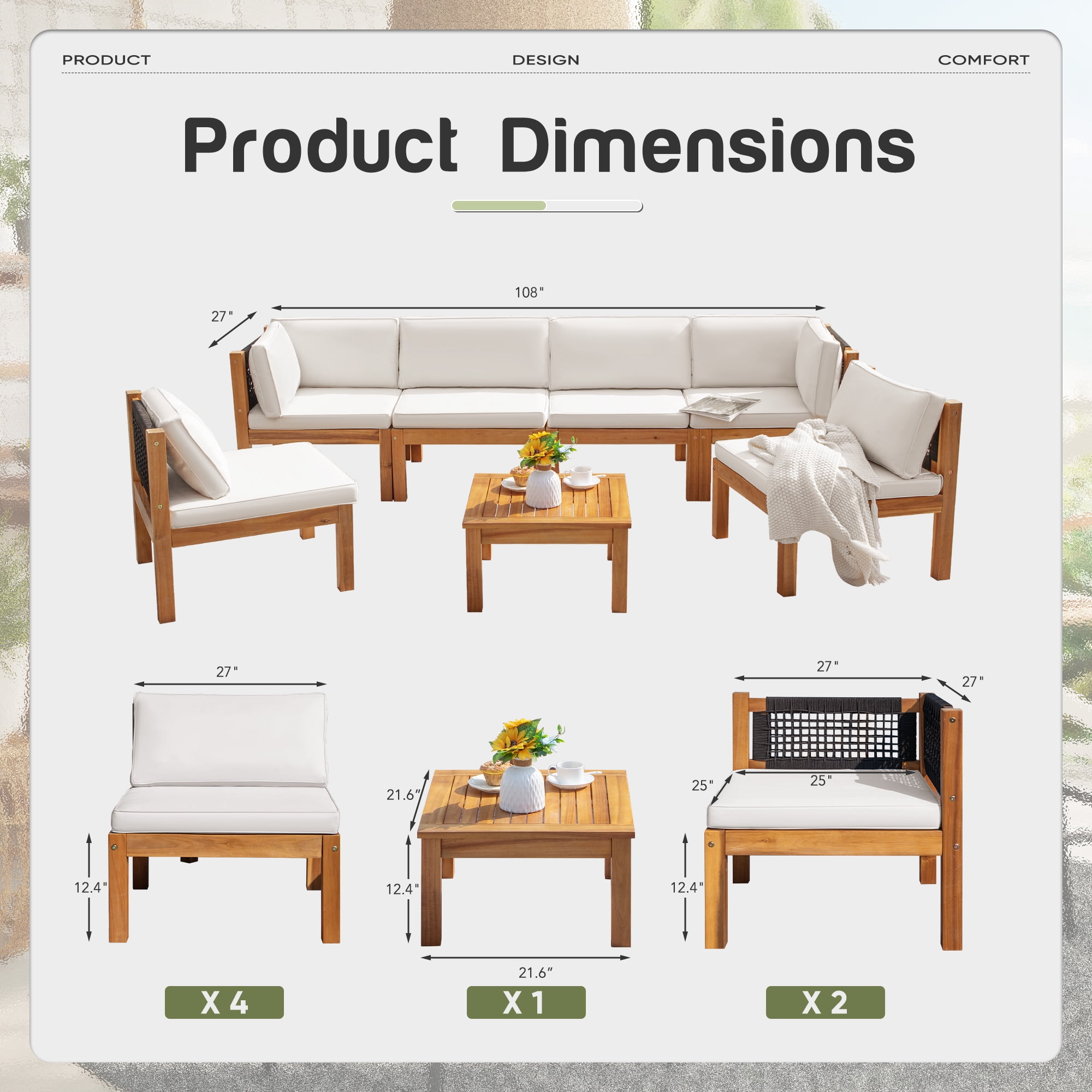 Homall 6-Seat Patio Conversation Set Acacia Wood Outdoor Furniture Set, White