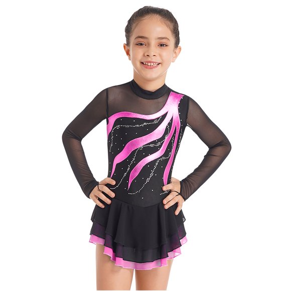 Moggemol Girls' Mesh Splice Figure Ice Skating Dress Long Sleeve Gymnastic Leotard Sparkle Competition Costume Hot Pink 16