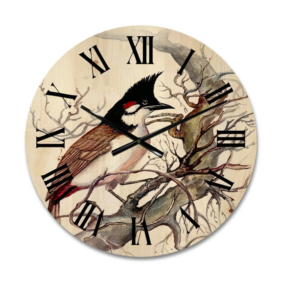 Designart 'Ancient Beautiful Bird On A Branch' Traditional Wood Wall Clock