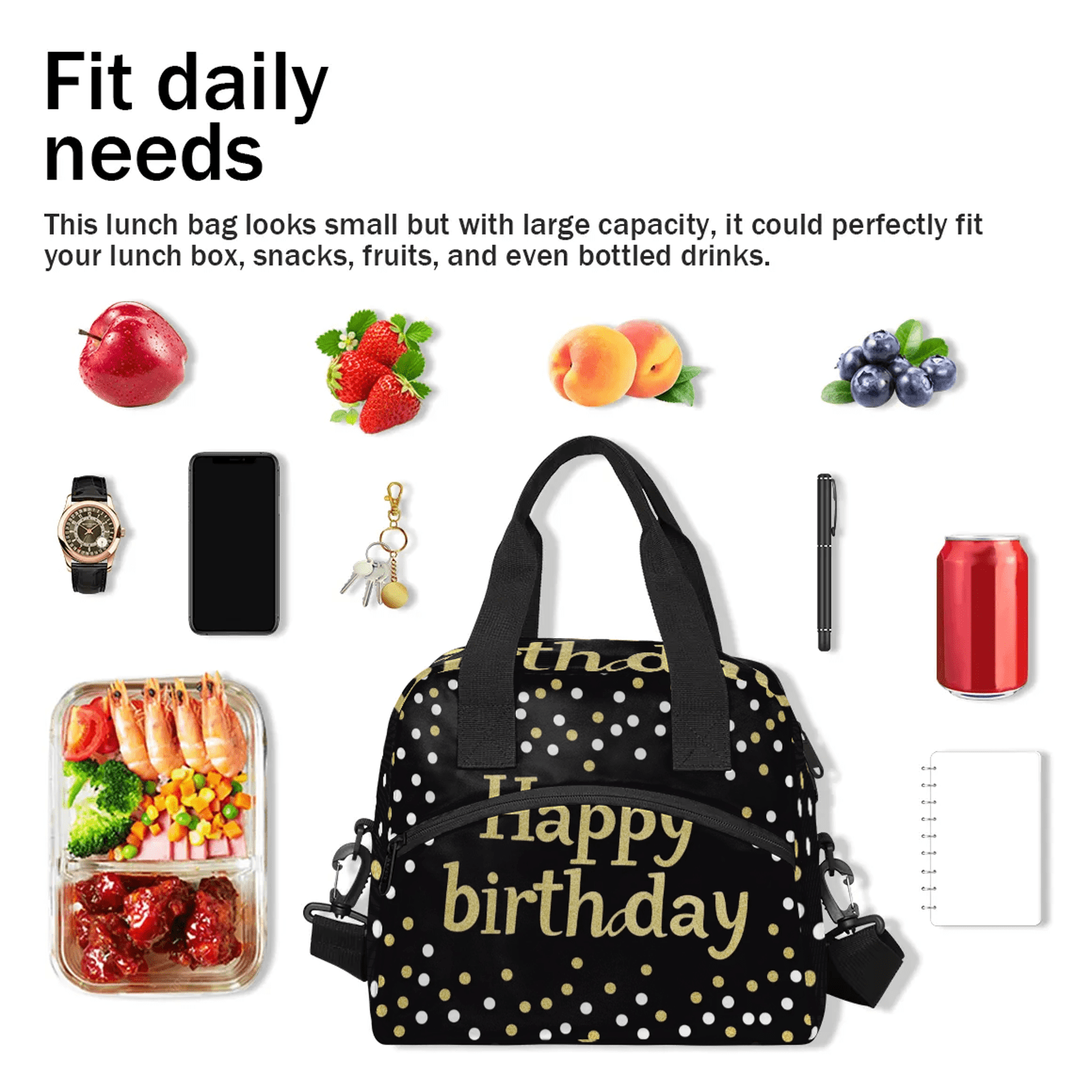 Herdesigns Happy Birthday Lunch Bag for Men Women Adults Birthday Theme Insulated Lunch Box Leakproof Cooler Tote Bag Organizer with Adjustable Shoulder Strap