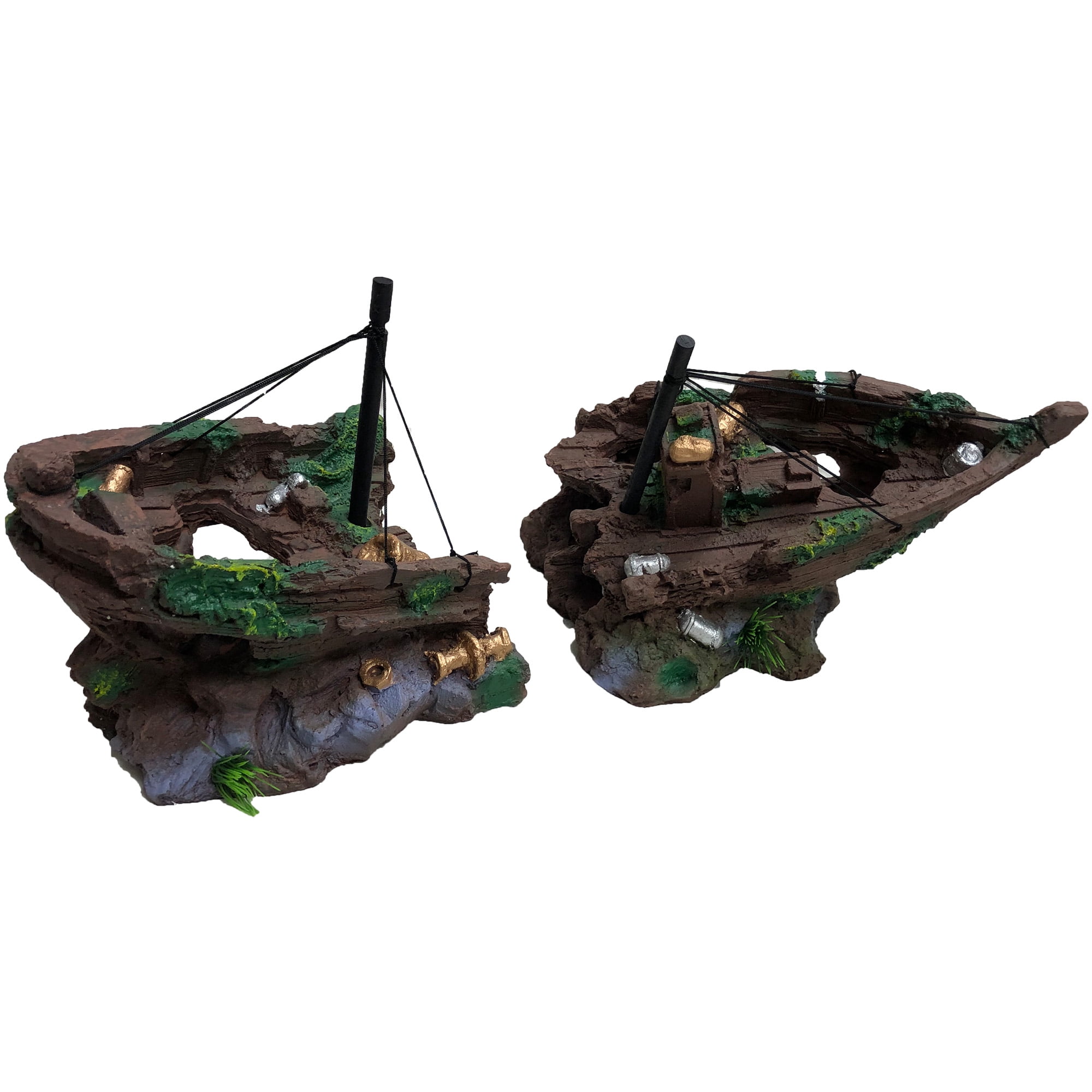 Sunken 2-Piece Ship Aquarium Decoration 21x8x9