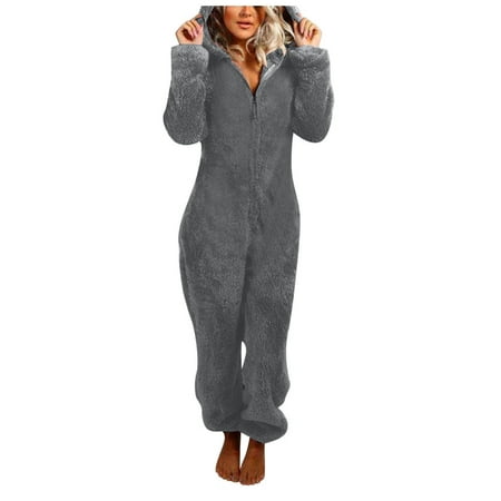 

Tuscom Women Onesie Pajamas Plus Size Plush Long Sleeve Zipper Front Hooded Jumpsuit One Piece Pajamas Casual Winter Warm Sleepwear