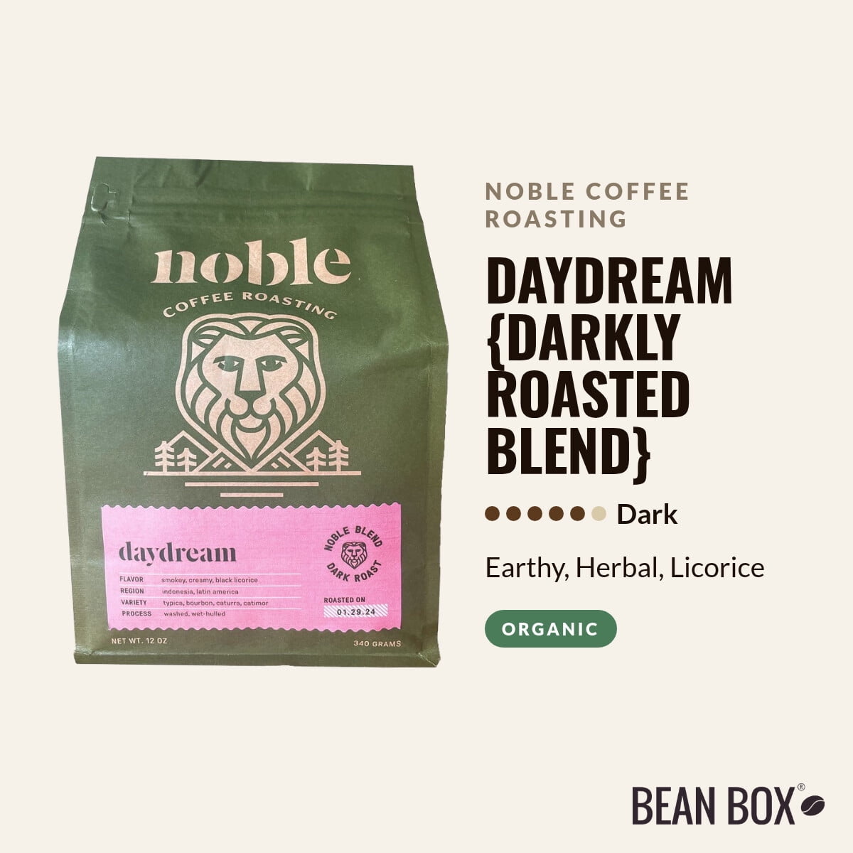 Daydream Darkly Roasted Blend - Roasted by Noble Coffee Roasting - Whole Bean Coffee - 12oz Bag