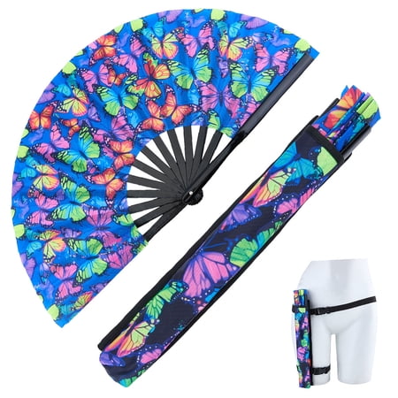 Bamboo Oxford Fabric Folding Fan with Bag and Belt for Party Wedding Dancing Decoration Butterfly 330mm