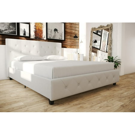 Wood Queen Beds For Sale Dakota Upholstered Faux Leather Platform Bed with Wooden Slat Support and Tufted Headboard and Footboard, White - Queen ()