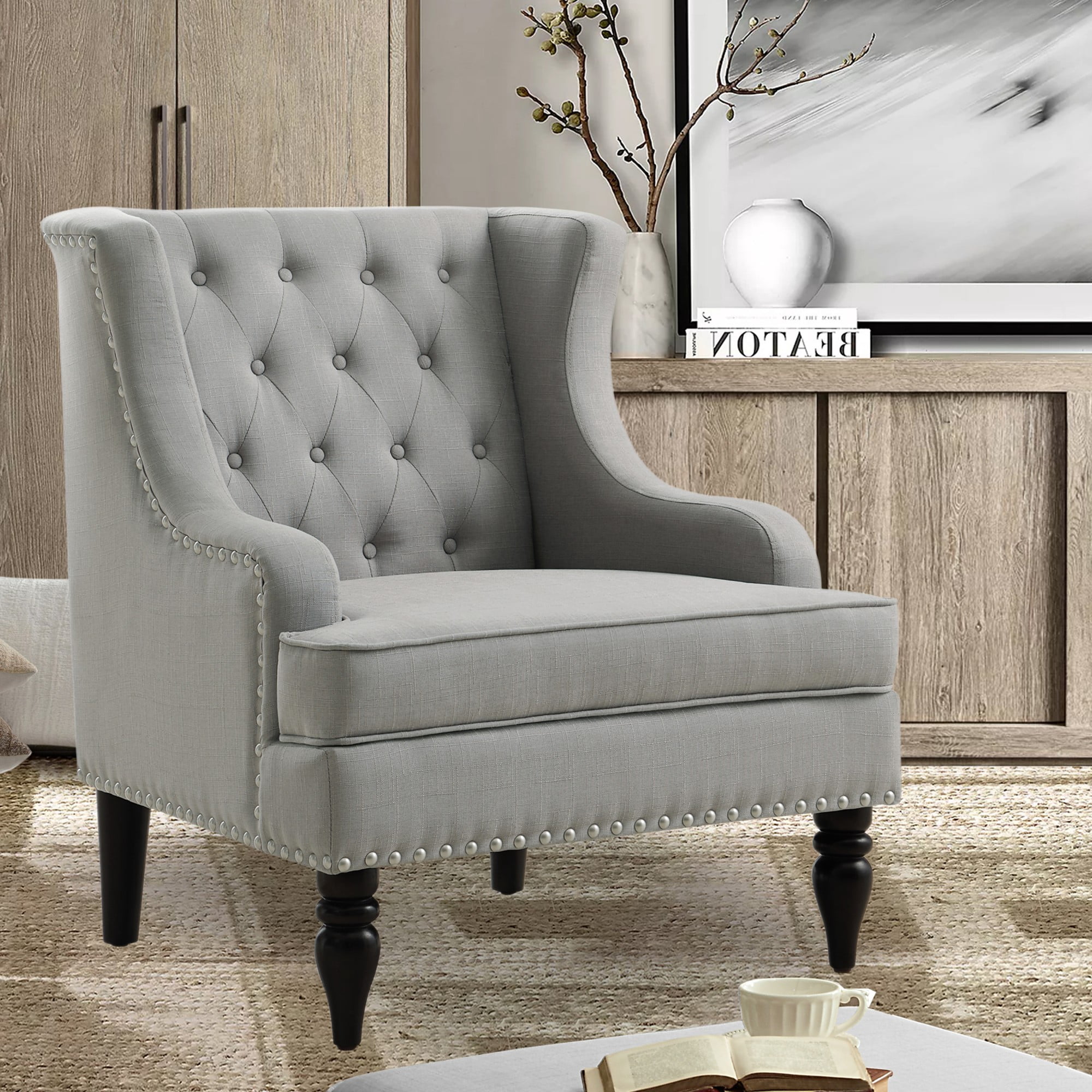 Gewnee Linen Accent Chair/Armchair with Solid Rubberwood Legs - Gray, Suitable for Living Room & Balcony