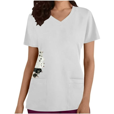 

Solid Scrubs Tops Uniform Women Healthcare Tunic Uniform Tunic Tops Short Sleeve V-Neck Tops Easter Blouse Medic Cute Animal Cat Hospital Doctor Workwear Holiday T-Shirt with Pockets