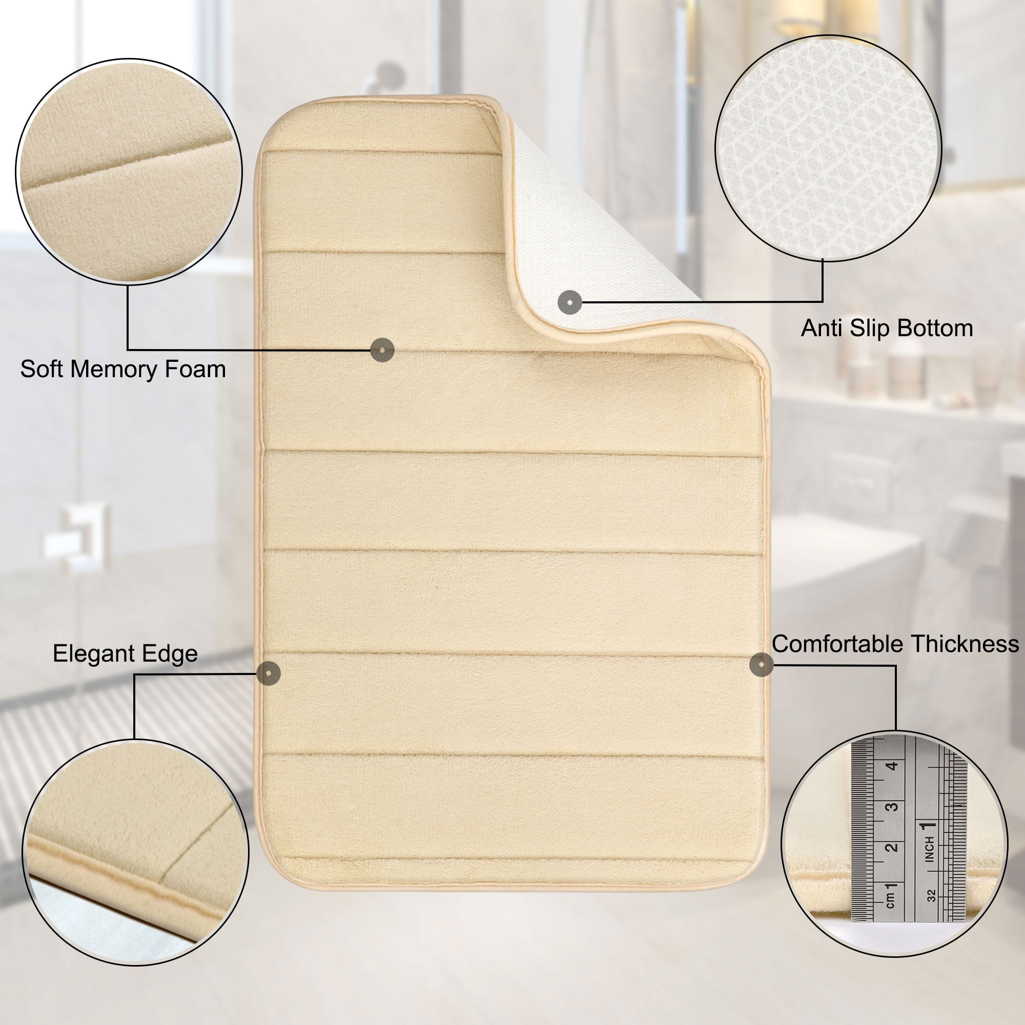 REGALWOVEN 2Pcs Memory Foam Bath Mat Non Skid Velvet Absorb Water Bath Rug  for Bathroom Kitchen Soft Carpet Beige