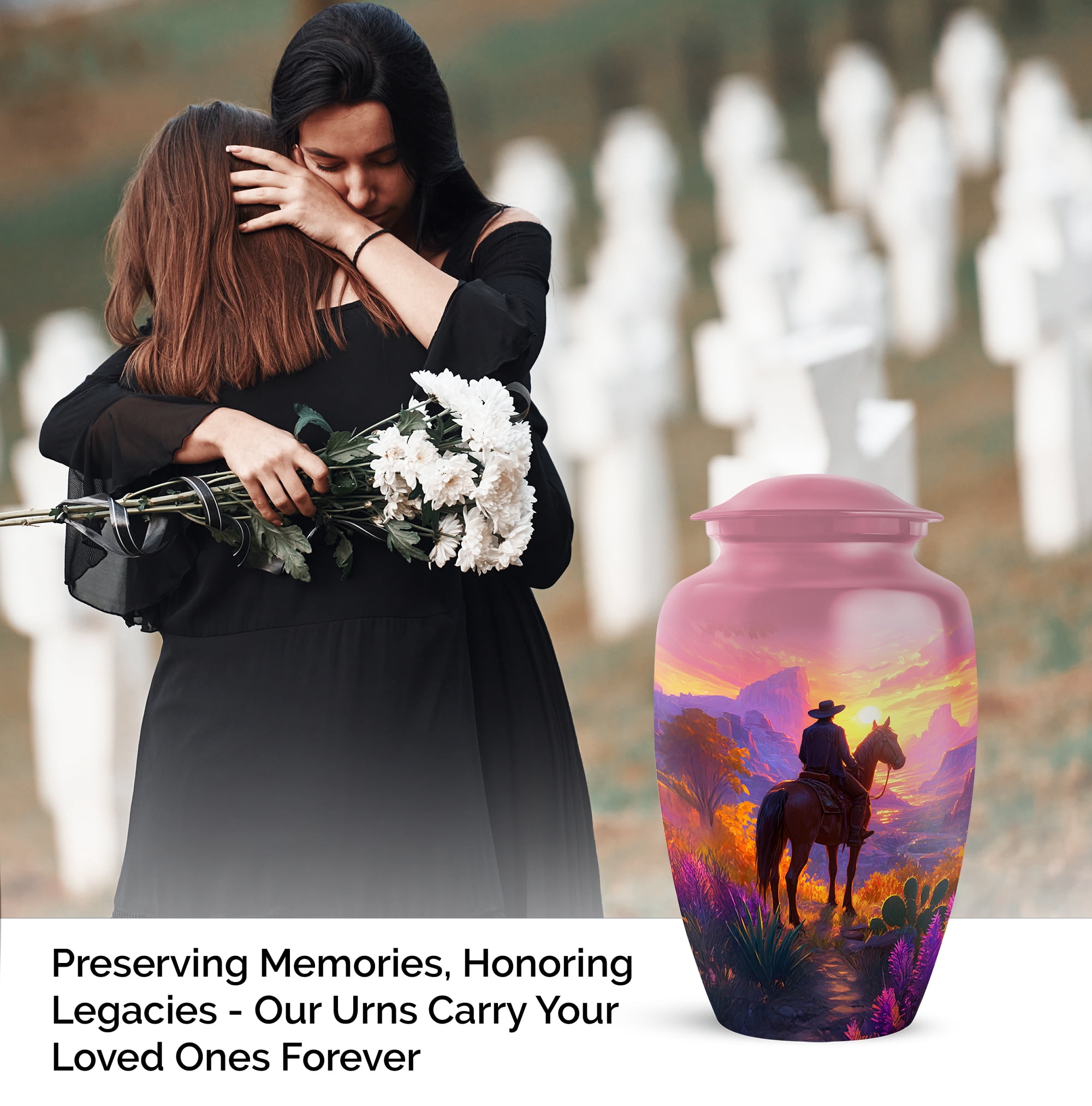 Cowboy Urns, Large And Mini Cremation Urns For Human Ashes Adult Female, Small Funeral Urn For Human Ashes Keepsake, Scenic Sunset Cremation Urn (Size 10 Inch 1 Pcs & Size 3 Inch, 1 Pcs)