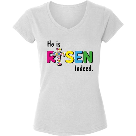 Easter V neck Shirt for Women - S M L XL 2XL - He Is Risen Indeed V-neck Graphic Tee