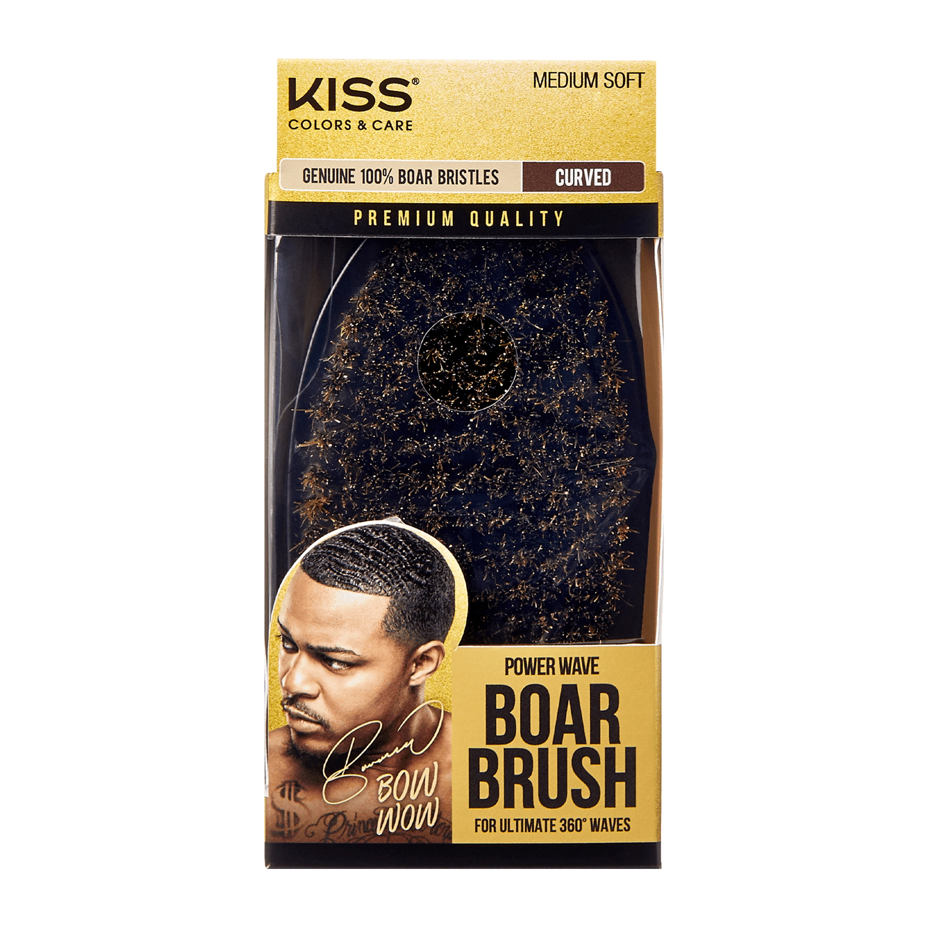 KISS 360 Power Wave Medium Soft Travel Size 5' Oval Palm Boar Bristle Hair Brush, Black