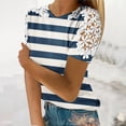 thumbnail image 2 of Women's Lace Patchwork Striped Tops Short Sleeve Round Neck Tunic T-Shirts Summer Casual Tops Pullover Tee Shirts Navy,XL, 2 of 6