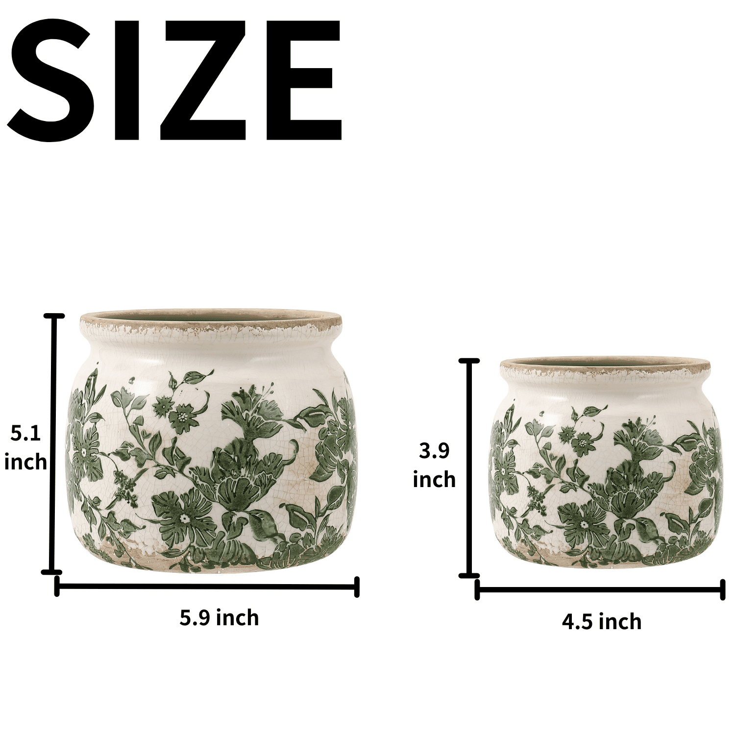 Set of 2 Vintage Ceramic Planters with Drainage Hole – Indoor Flower Pots & Plant Vases, Green Tuscan Planter Set for Home, Gardening, Christmas Decor