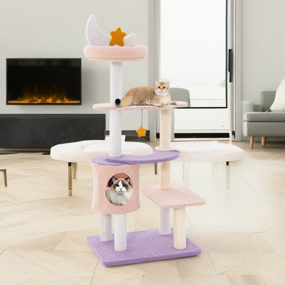 Demi Bonn 55" Cute Cat Tree Tower for Indoor Cats, Moon and Star Cat Condo with Sisal Scratching Posts, Plush Perches, Kitten Cat Tree Tower Activity Center, Purple