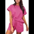 thumbnail image 1 of Conjunto de Pijama de 2 Piezas para Mujer, Color Liso, Cuello Redondo, Informal, de Tela Texturizada, Corta, Color Rosa Rojo, XL, 1 of 7