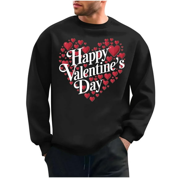 WREESH Men's Graphic Sweatshirts Happy Valentines Day Heart Letter Printed Crewneck Sweatshirts Spring Casual Pullover Tops Black