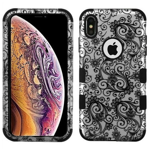 Apple iPhone XS Max Stylish Hybrid Three Layer Hard PC Shockproof Heavy Duty TPU Rubber Anti-Drop Phone Case Cover [ Black Leaf Clover Flower ]