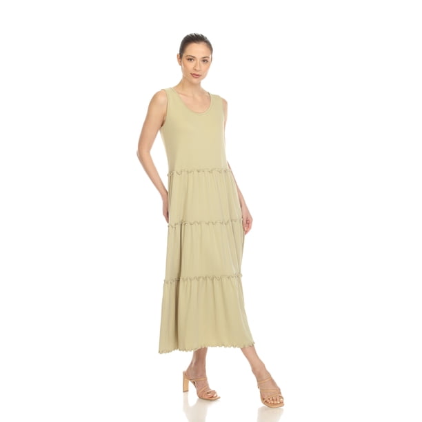 knee length dresses for ladies Women's Scoop Neck Tiered Midi Dress Denim Blue Large -White Mark