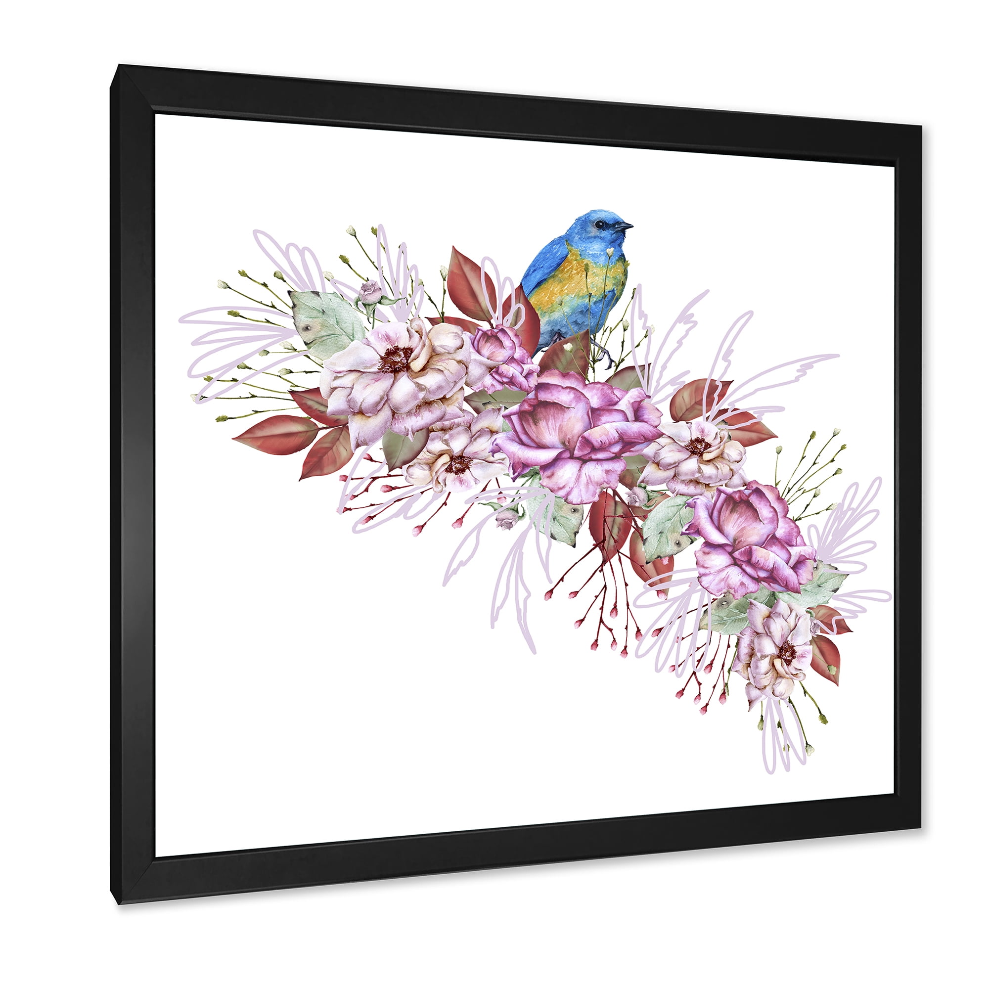 Designart 'Little Blue Bird Sitting On Colorful Boquet of Flowers' Traditional Framed Art Print