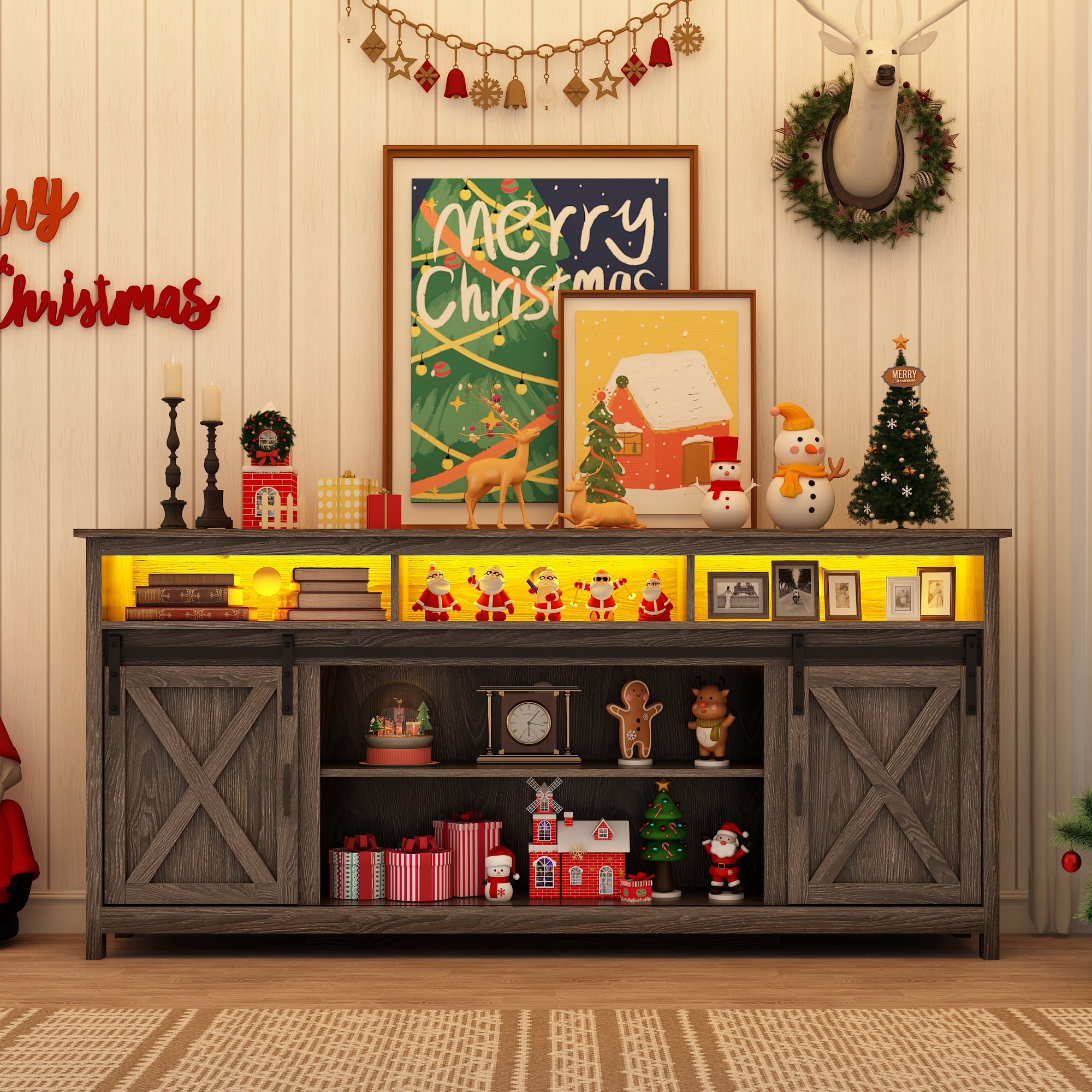 ANPOO Farmhouse TV Stand for 80 inch TVs, Rustic Entertainment Center TV Cabinet Stands with Power Outlets and LED lights
