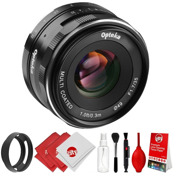 Opteka 35mm f/1.7 HD MC Manual Focus Prime Lens with Vented Hood and Cleaning Kit for Fuji X Mount APS-C Digital Cameras