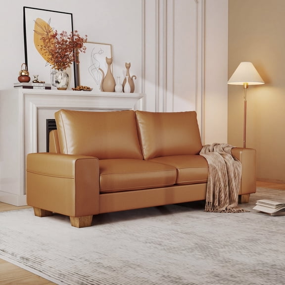 Poshby 71.25'' Faux Leather Counch Loveseat Sofa with Side Pockets, Wide Arm for Living Room, Brown