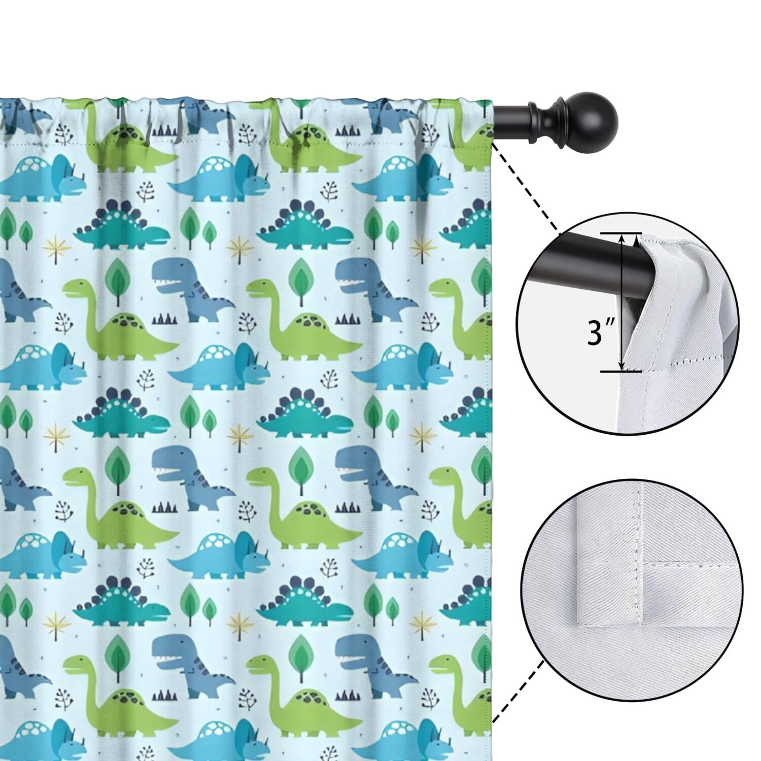 Blackout Kids Curtains,LightBlue Cartoon Dinosaurs Trees Stars Pattern Childrens Insulated Curtains Set Of 2,Bedroom Essentials,Toddler Room Decor 42"x54"
