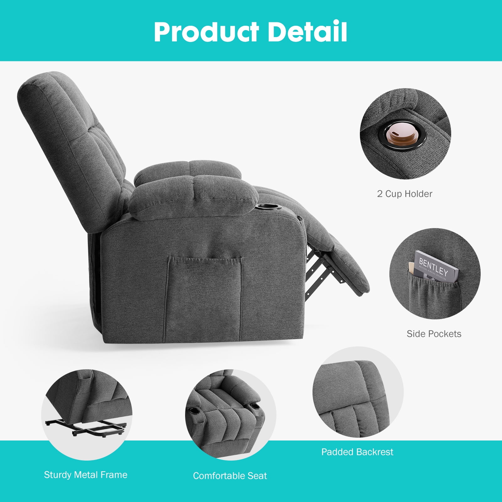 GIANNA Recliner Chair with Vibrating Massage and Heating, Adjustable Electric Power Lift Chair with Remote Control, For Living Room, Gray