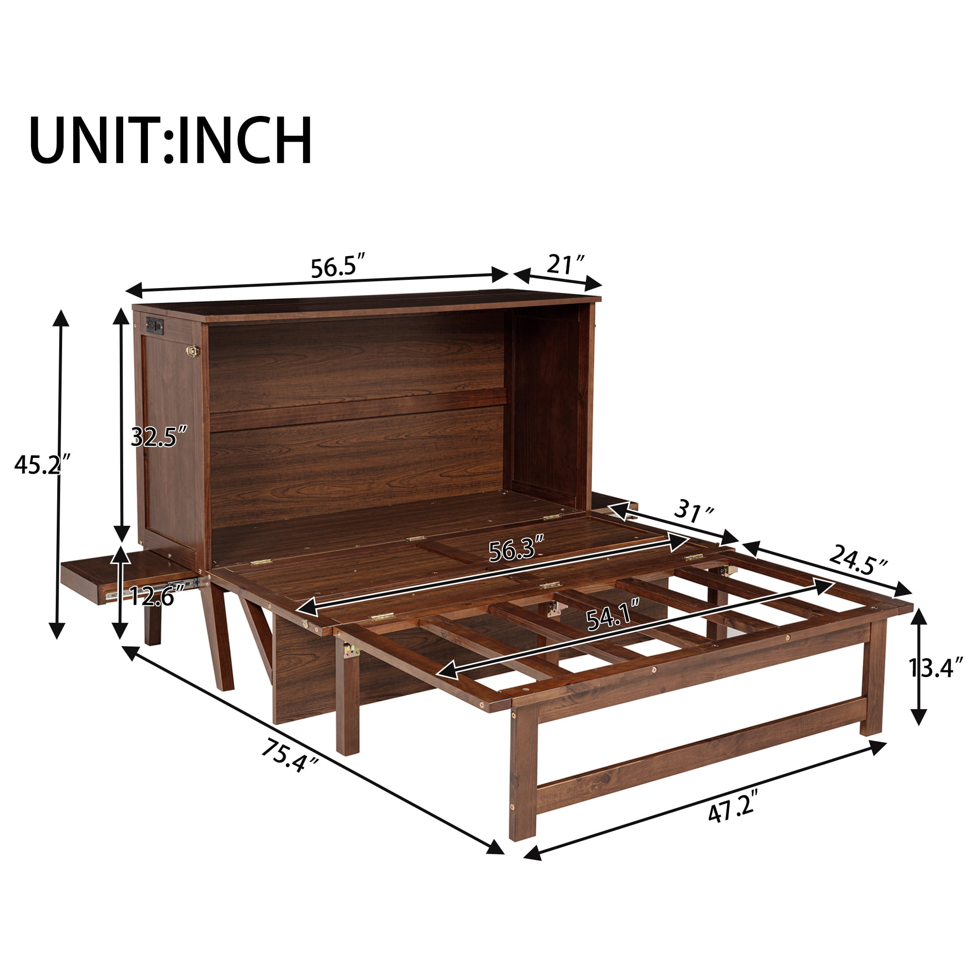 Sailvan Full Size Murphy Bed with USB Port Shelves on Each Side, Solid Pine Murphy Cabinet Bed