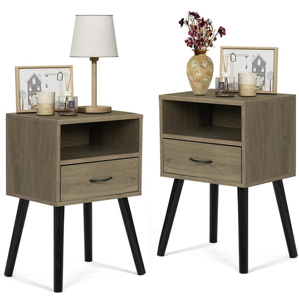 SESSLIFE End Side Table Set of 2 with a Drawer, Wood Bedside Table