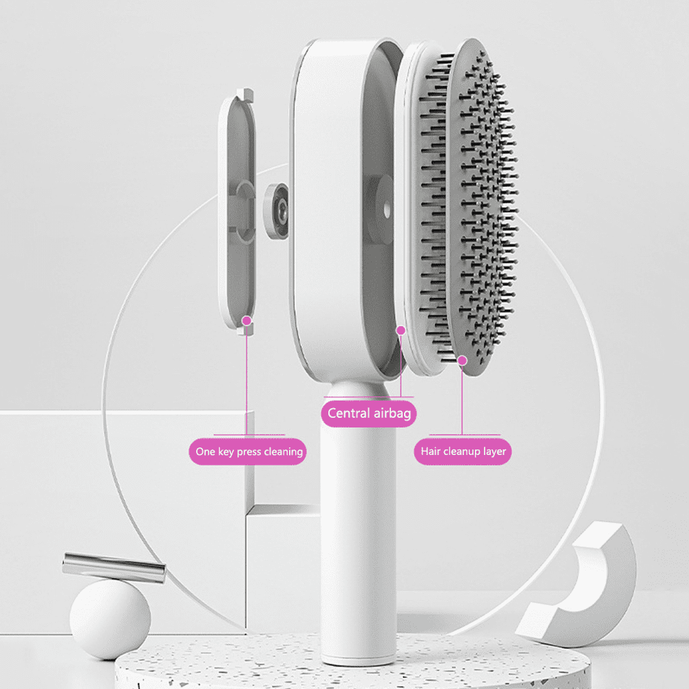 Pinkiou Self Cleaning Hair Brush with Holder-New 3D Air Cushion Brush for Detangling-Easy Clean Hair Brush for Women&Men-Paddle Hair Brush with Nylon Bristles for Thick/Curly/Long/Short Hair