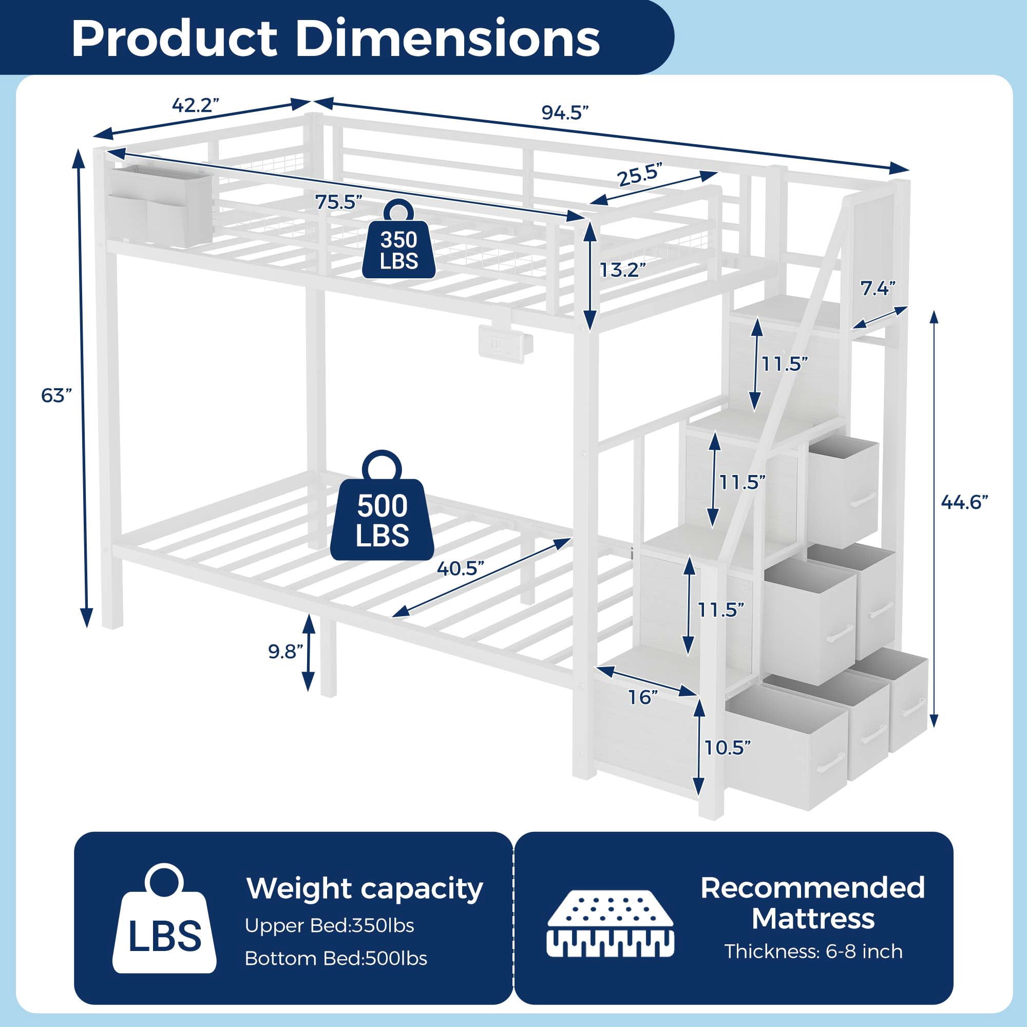Miniyam Twin over Twin Bunk Bed with Storage Stairs and 6 Drawers, White