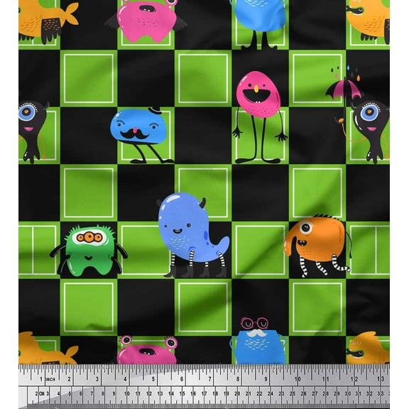 Soimoi Green Cotton Voile Fabric Check & Monster Cartoon Print Fabric by the Yard 42 Inch Wide