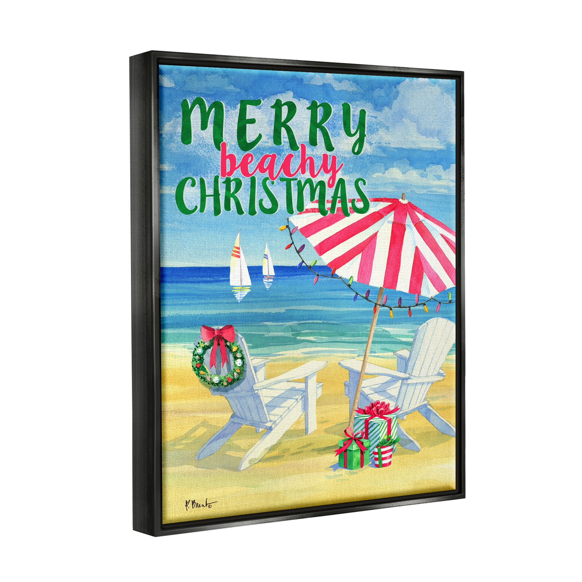 Stupell Industries Merry Beachy Christmas Holiday Painting Black Floater Framed Art Print Wall Art, 25 x 31