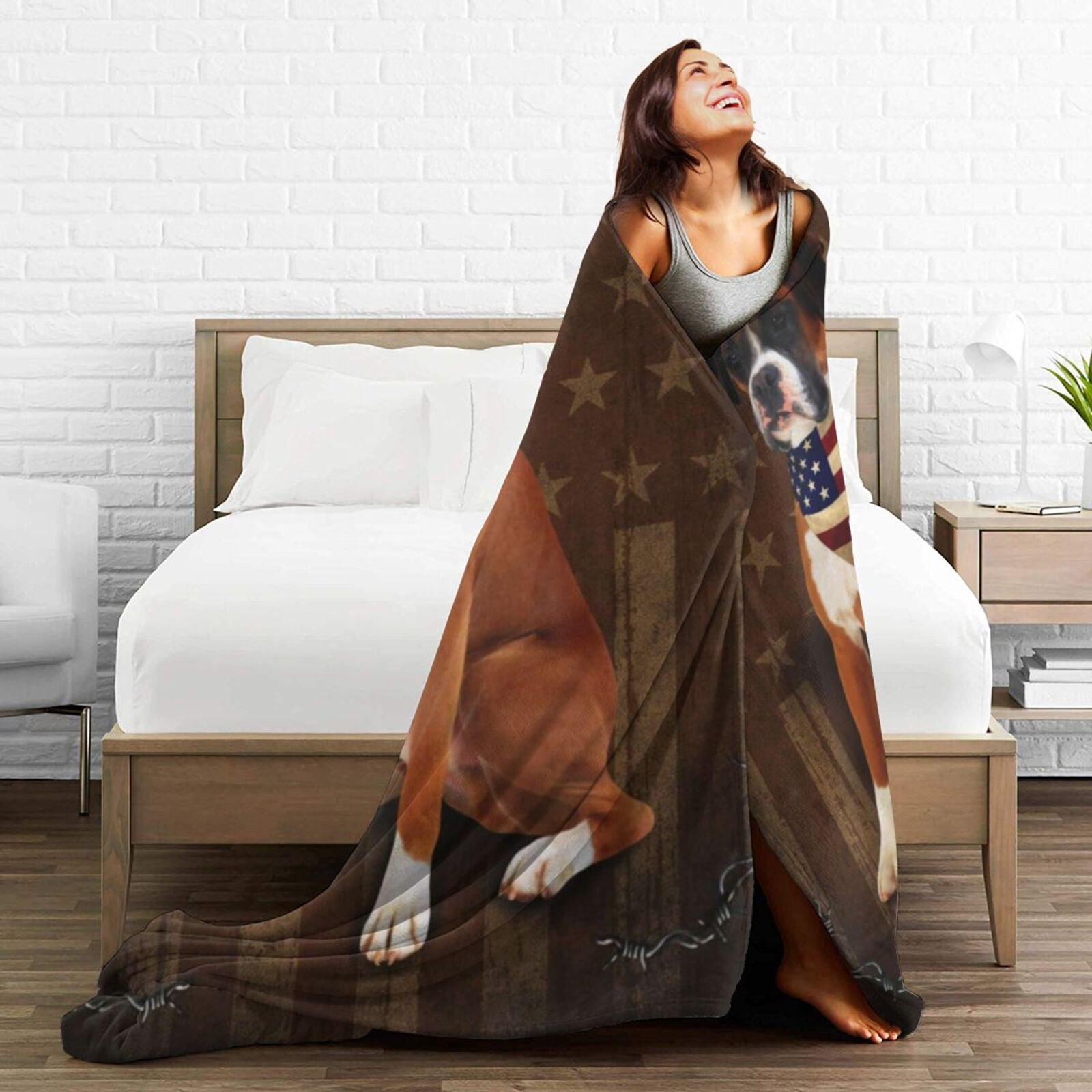 Wijzvio Boxer Dog With Vintage American Flag Throw Blanket Soft Fuzzy Fleece Blanket For Couch Bed Living Room Decoration 50"X40"