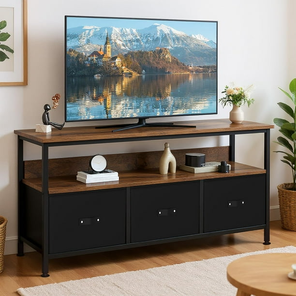 Yeshouse Soporte de TV con 3 cajones de tela, armario de TV de 55 pulgadas, soporte de TV de almacenamiento de sala de estar moderno, centro de entretenimiento con espacio abierto