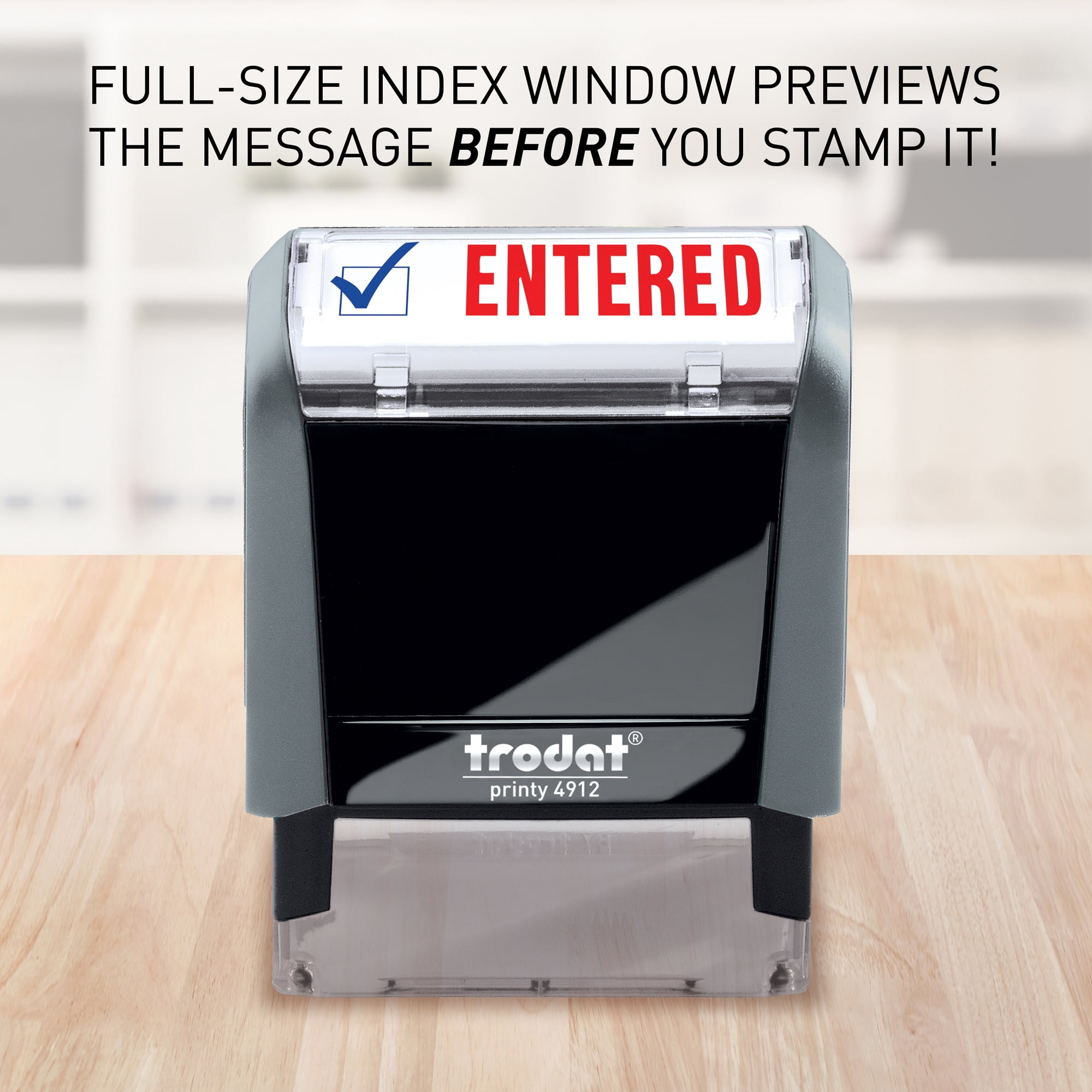 Trodat Stamp 4912 Office Printy with English Text ENTERED – Self Inking, Red and Blue Ink, Impression Size 3/4" x 1-7/8"