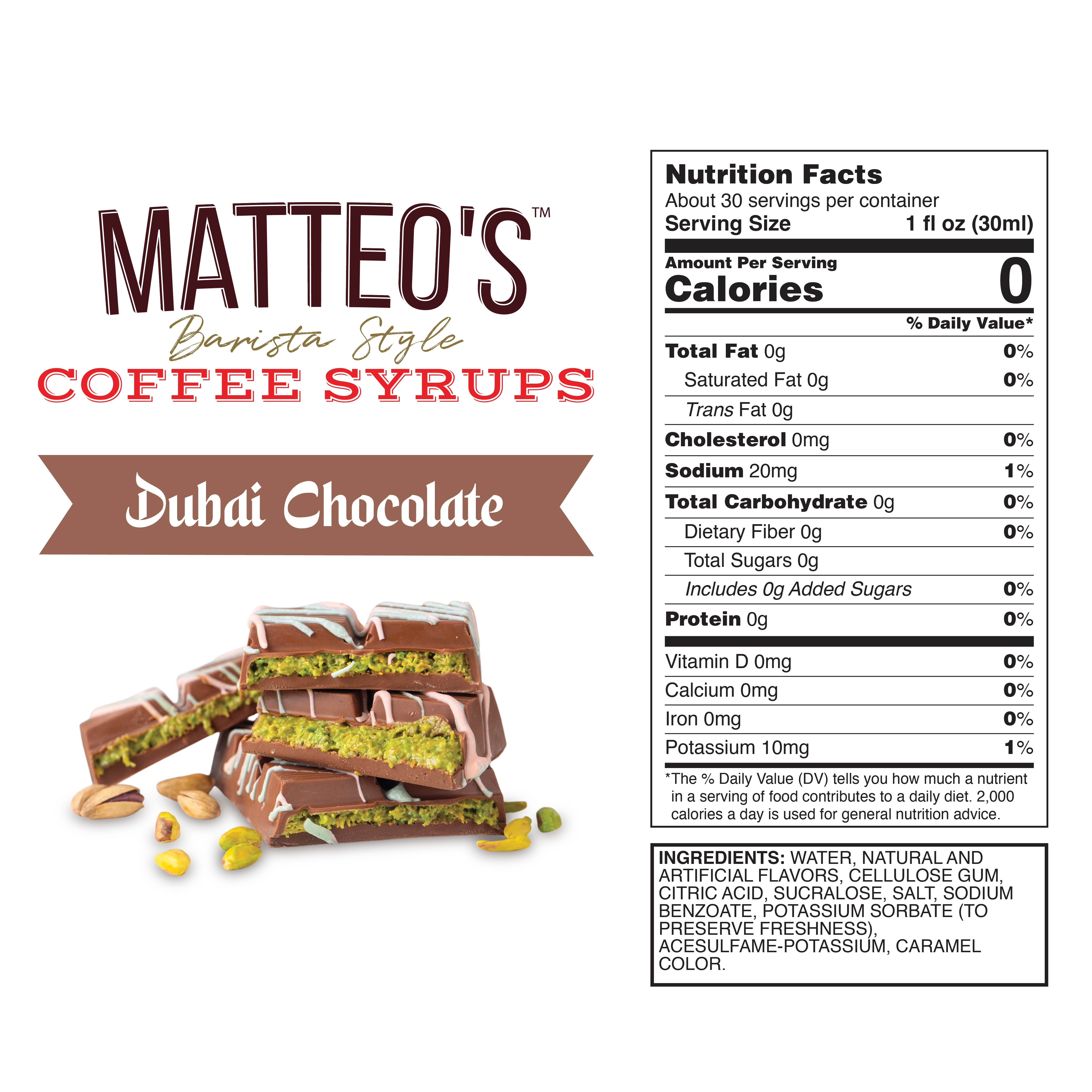 Matteo's Barista Style Sugar-Free Dubai Chocolate Coffee Syrup, 6-Pack, 33.8 Oz