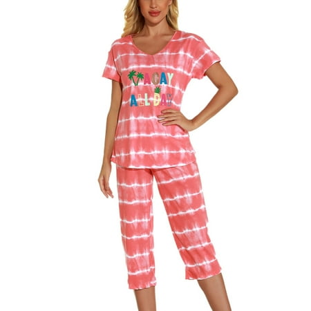 Defitshape Women s Cartton Pajamas Plus Size Cute Capri Pajama Set Cotton Blend Comfy Short Sleeve Lightweight Pjs Patterned11 XX-Large