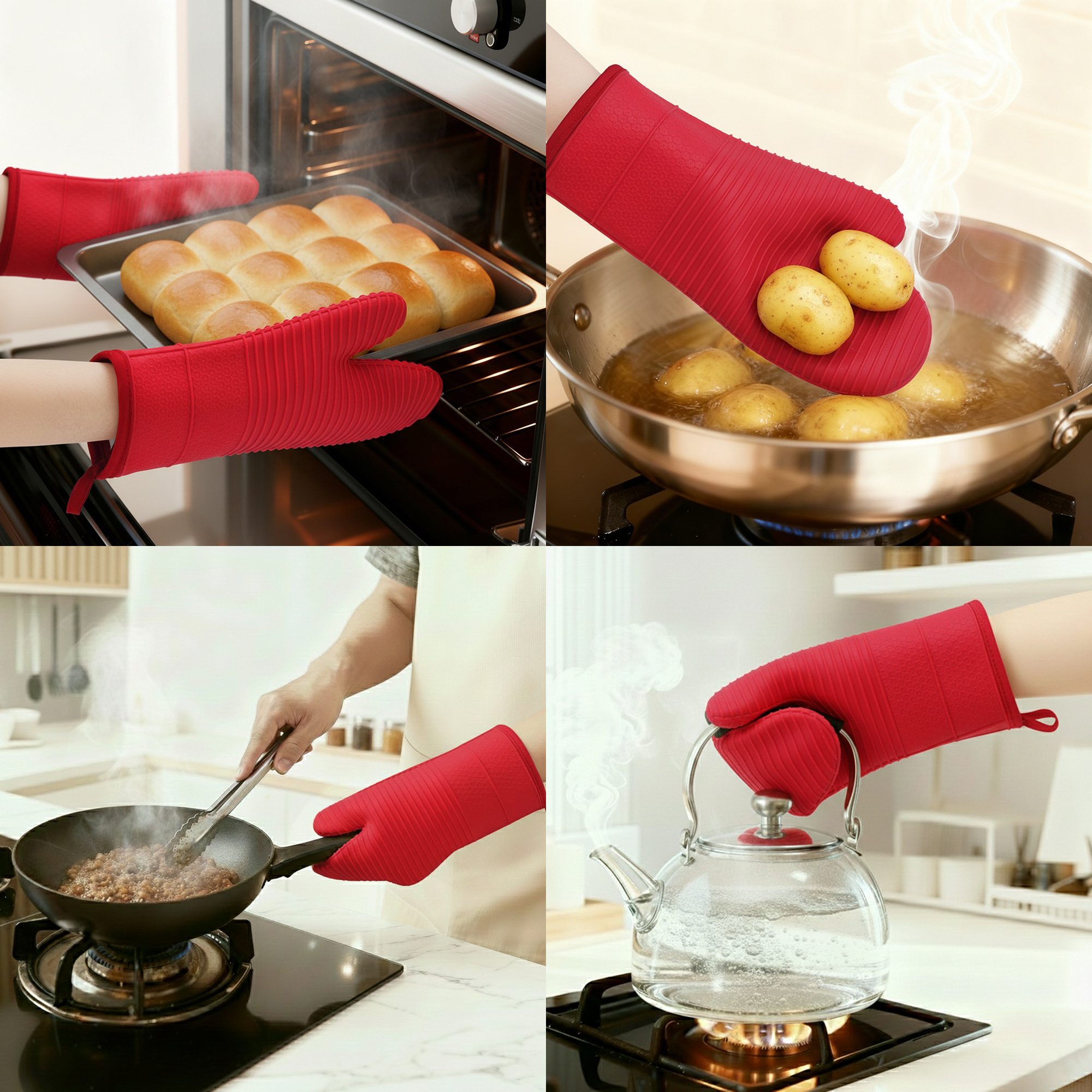 Unique Bargains Soft Oven Mitts Heat Resistant Cooking Gloves Red 12.4x7.5inch