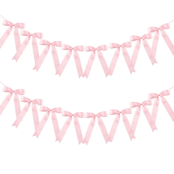 Kabuer Pink Bow Garland Banner Pre-strung Satin Bow Garland for Birthday, Baby Shower Party, Bachelorette Party Decor 2 Pack
