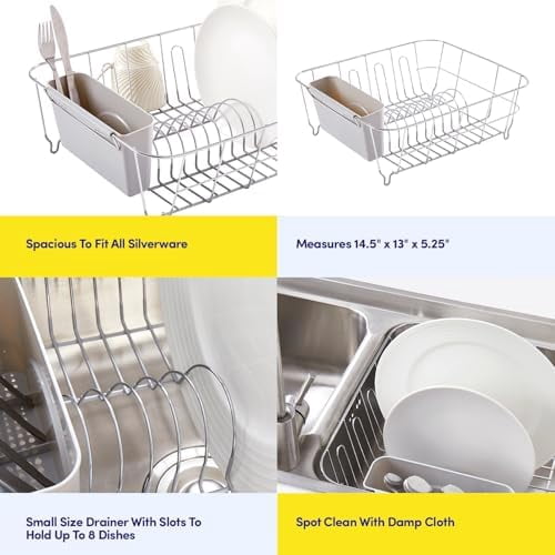 Dish Drying Rack & Cutlery Holder 2 Piece Set - Compact Sink-Fitting Dish Drainer with Rubberized Undercoating, Space-Saving Kitchen Organizer for Plates, Cups, Bowls & Utensils in Sink, Silver