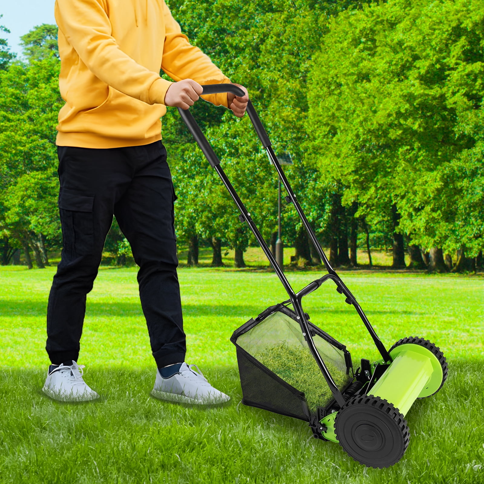 Manual Lawn Mower Adjustable Push Reel Cutter Hand-Powered Clipper for Grass Leaves Debris on Lawns Courtyards