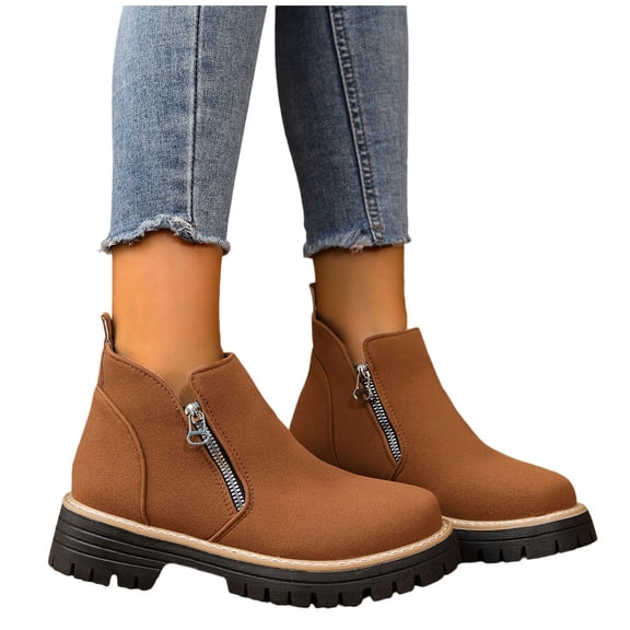 prrcolt Womens Chunky Platform Ankle Boots Pointed Toe Low Block Heel with Side Zipper Short Booties